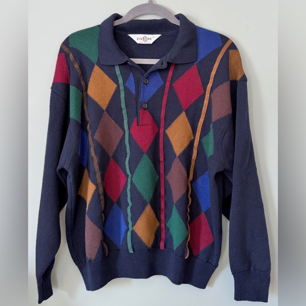 Vintage 80s/90s Italian Wool Argyle Collared 1/4 Button Up Sweater Size Large - Picture 2 of 4